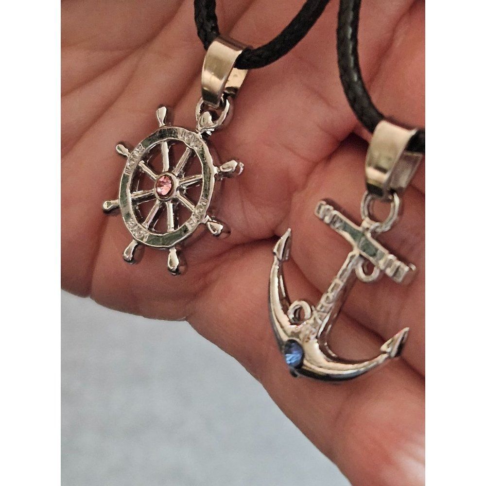 Anchor and ships wheel love pendant necklace set